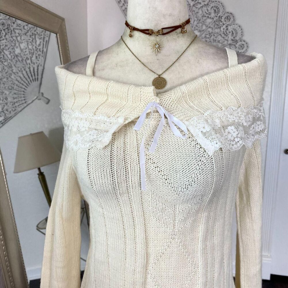 Kawaii Babe Cream Lace Trim Coquette Knit Off-Shoulder Mini Sweater / Dress M - Picture 3 of 8